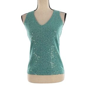 Double D Ranch XS Aqua Blue Sequin Knit Tank Top Linen Cotton Blend Sleeveless